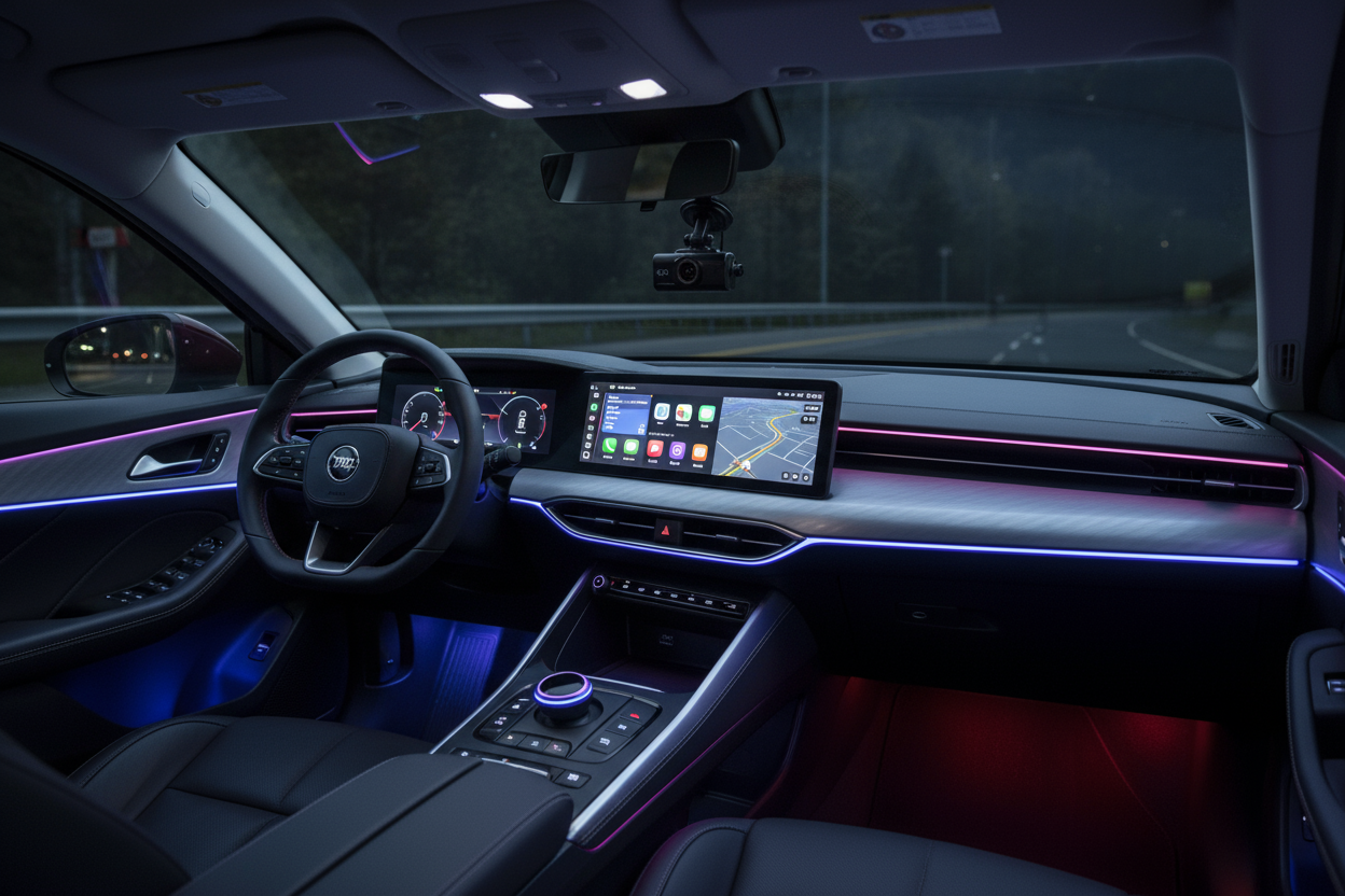 image a l'interieur d'une voiture vive avec des leds, carplay, dashcam, retro intelligent